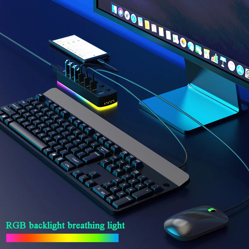 Adaptador divisor usb de alta velocidade, 7 portas usb 3.0 hub 5gbps interruptor liga/desliga individual para pc acessórios de computador ssd rgb usb hub