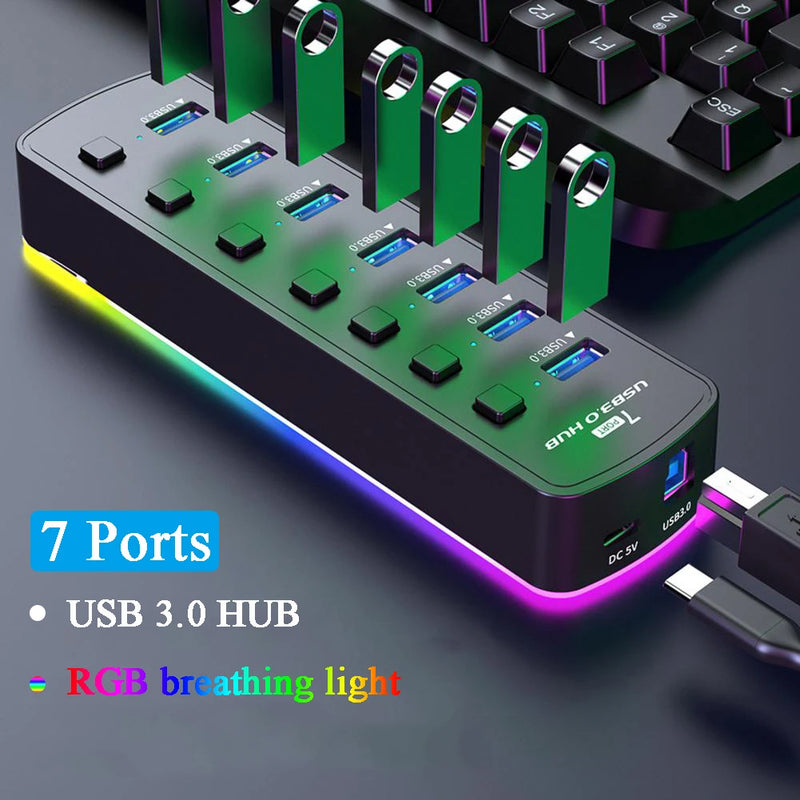 Adaptador divisor usb de alta velocidade, 7 portas usb 3.0 hub 5gbps interruptor liga/desliga individual para pc acessórios de computador ssd rgb usb hub