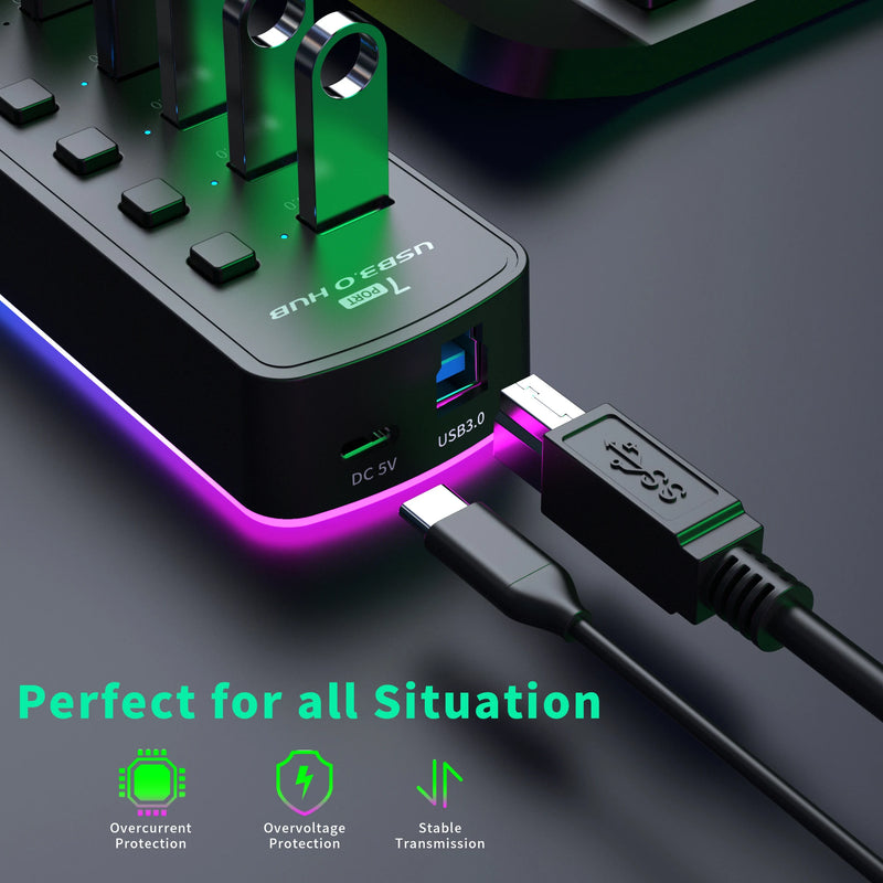 Adaptador divisor usb de alta velocidade, 7 portas usb 3.0 hub 5gbps interruptor liga/desliga individual para pc acessórios de computador ssd rgb usb hub