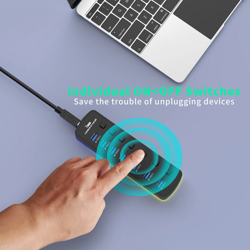 Adaptador divisor usb de alta velocidade, 7 portas usb 3.0 hub 5gbps interruptor liga/desliga individual para pc acessórios de computador ssd rgb usb hub