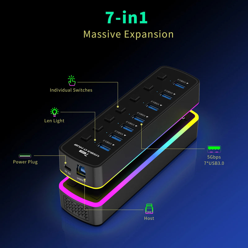 Adaptador divisor usb de alta velocidade, 7 portas usb 3.0 hub 5gbps interruptor liga/desliga individual para pc acessórios de computador ssd rgb usb hub