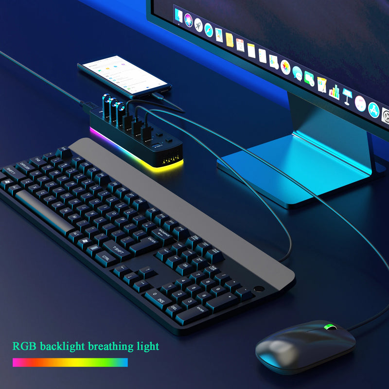 Adaptador divisor usb de alta velocidade, 7 portas usb 3.0 hub 5gbps interruptor liga/desliga individual para pc acessórios de computador ssd rgb usb hub