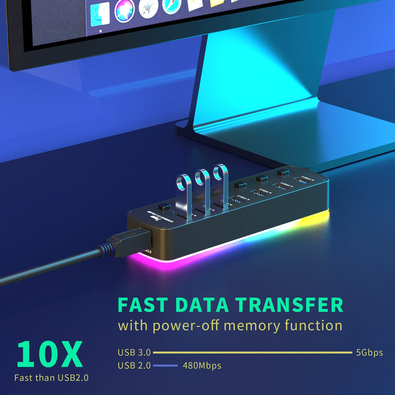 Adaptador divisor usb de alta velocidade, 7 portas usb 3.0 hub 5gbps interruptor liga/desliga individual para pc acessórios de computador ssd rgb usb hub