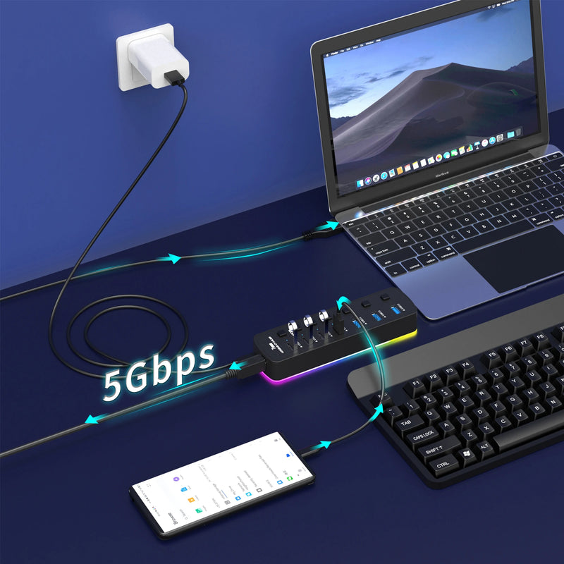 Adaptador divisor usb de alta velocidade, 7 portas usb 3.0 hub 5gbps interruptor liga/desliga individual para pc acessórios de computador ssd rgb usb hub